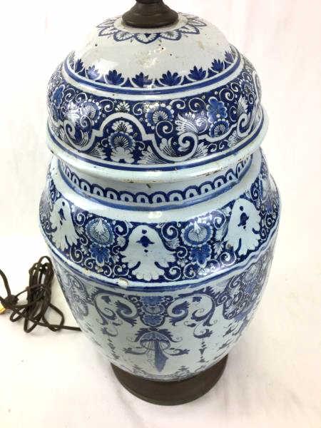 Decorative Chinese Table Lamp: Table Lamp, Decorative Chinese, blue and white, chip to cover and base, minor dings throughout, 19" vase on copper base, lamp works, 29 1/2" h