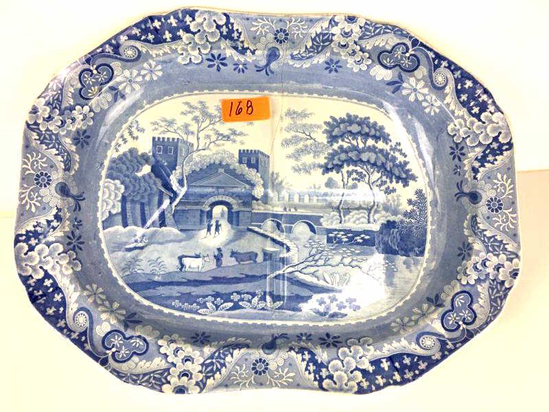 Spode Meat Platter: Spode Platter, blue and white landscape, sloped design for fat run off, incised on bottom - Spode 1, crack throughout underside of base, 18 1/2" x 14" x 2 1/2" h