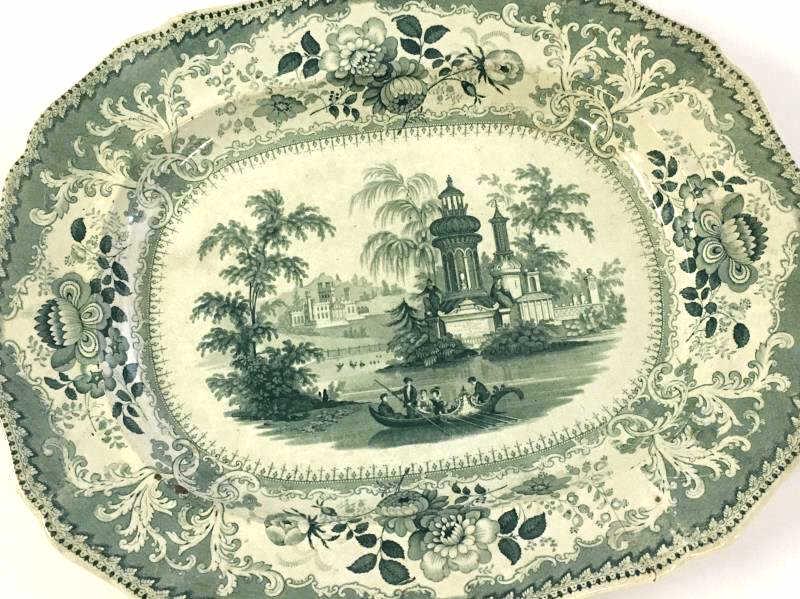 Platter: Platter, green and white, scenic, on bottom "Mausoleum H," cracked and stained, 17" l x 14 1/2" w