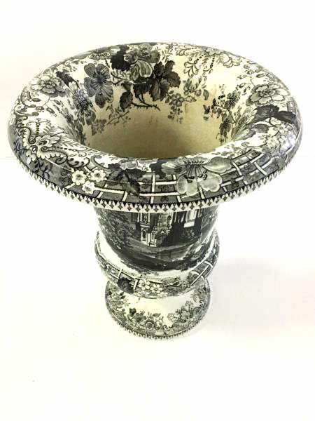 Ironstone Urn Vase: Ironstone Urn Vase, scenic, floral top, black and white, stained, line crack, 8 1/4" h x 7 1/2" dia