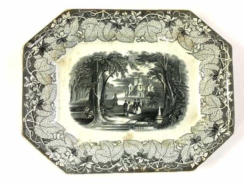 Ironstone Platter: Ironstone Platter, black and white, scenic, stained FM & Co, Shelton Vista, 13" x 10"