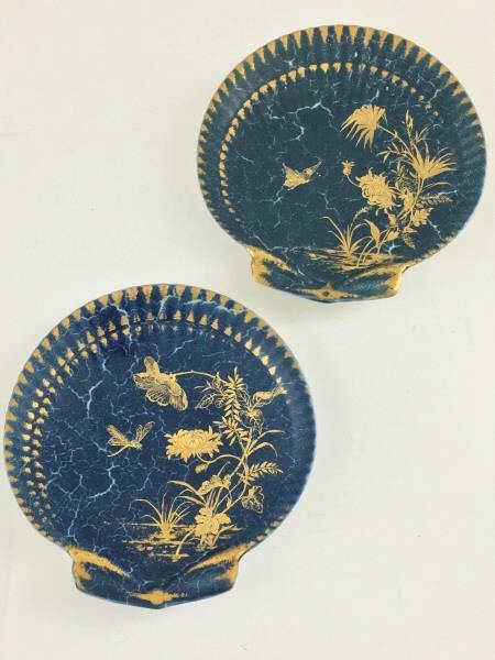 Pair of Ironstone Plates: Pair of Ironstone Plates, shell shape with gold decoration, KPM, 8 1/4" x 8 1/2"