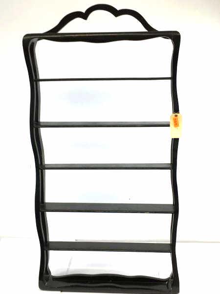 Chinese Hanging Shelf: Chinese Hanging Shelf, decorative curved frame, 7 open shelves, painted black, some paint loss, 30" l x 6" d x 59" h