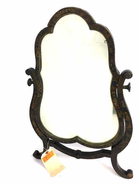Black Lacquer Desk Top Mirror: Decorative Chinese Mirror, table top, scroll leg, tilt top, painted black, lacquer missing, missing wood decorated knob, crack at top, mirror de-silvered 14 1/4" l x 7 1/2" w x 22 1