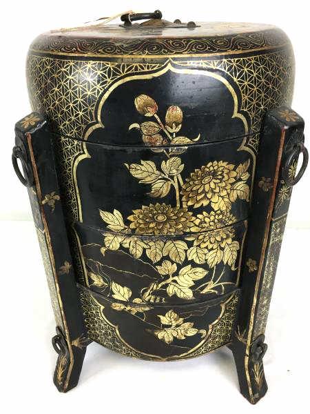 Chinese 3 Stack Container: Decorative Chinese Covered 3 stack container, floral, black with 8 ring design and 1 ring top pull, damaged legs, 11" dia x 19" h