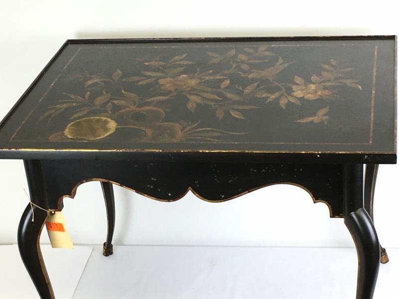 Black Lacquer Chinese Table: Decorative Chinese Table, black lacquered, one drawer, curved legs and skirt, hoof feet, top has water stain in front corner, some paint loss, scratches, 35" x 26" top x 27" h