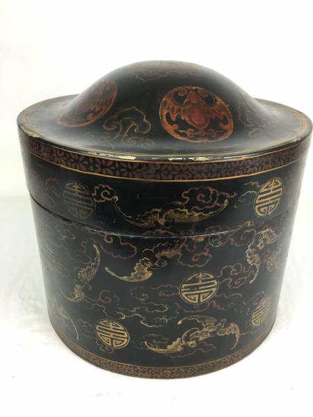 Chinese Hat Box: Decorative Chinese Hat Box, Geometric design, painted black with red and gold medallions, paint loss, scratched, damaged, 15 3/4" dia x 12" h