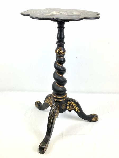 Decorative Chinese Stand: Decorative Chinese Stand, mother of pearl inlay, some inlay missing, scalloped top, tripod swirled base is damaged, tri-legs, gold accents, 15" top x 27" h
