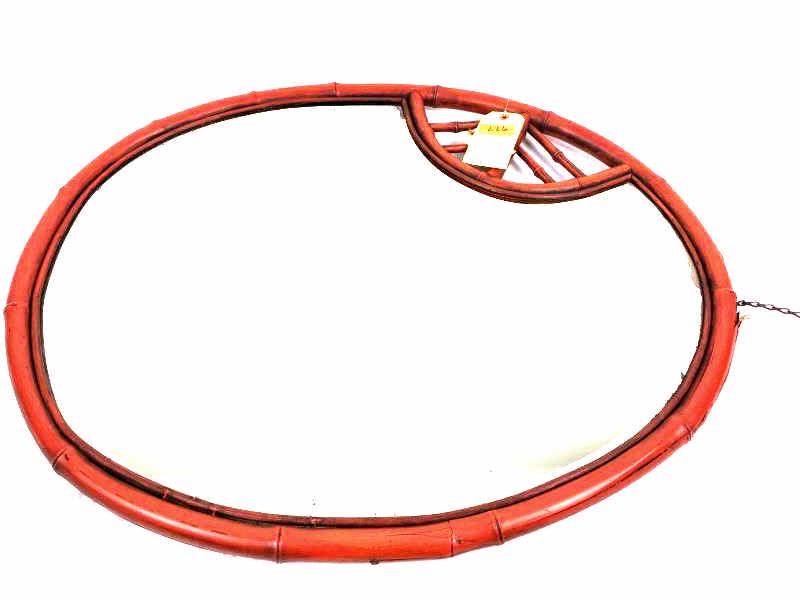 Decorative Painted Red Chinese Mirror: Decorative Mirror, Bamboo style painted red, oval mirror, damage to mirror and frame, chain hanger, 26 1/2" x 32 1/2"