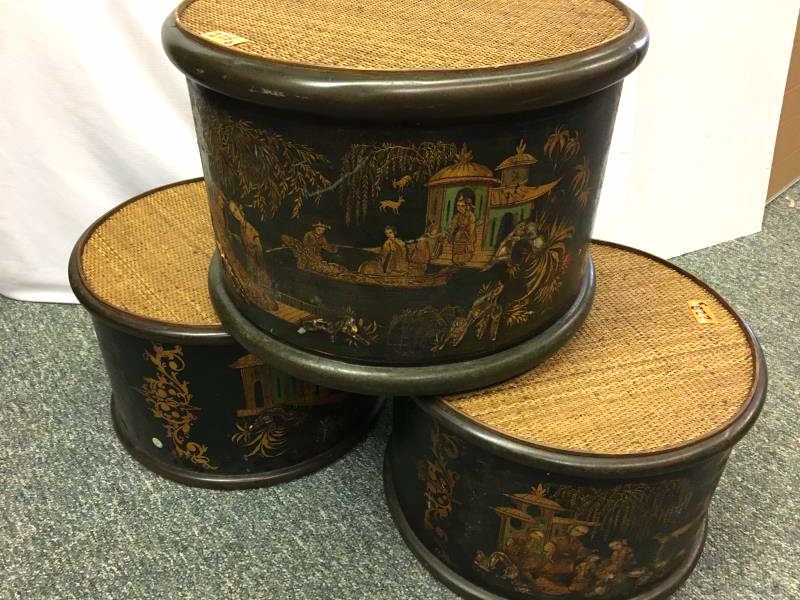 3 Decorative Chinese drum style stands/storage: 3 Decorative Chinese drum style stands, scenic with gold accents, woven top, dented, paint loss, scratched, 19" top x 14 1/2" h, 2 have 18" top