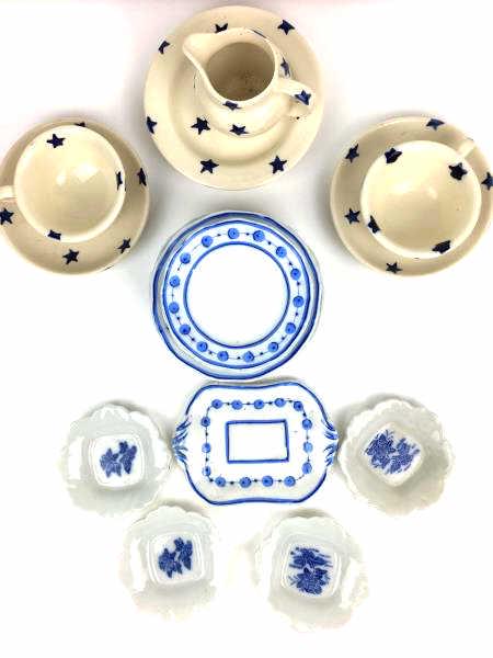 Toy Dishes: 2 Lots of Toy Dishes, miscellaneous blue and white - china, platter, 4 pats, 7 small plates, 2 pats and one set is Bridgewater, England star design child's tea set, 2 cups, 2 saucers, 2 dishes, pitche