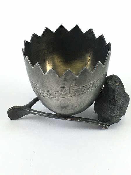 Best Wishes Plated Egg Cup with Chick statue: Silver Plate Egg Cup, "Best Wishes" chick, wishbone and half egg, dented egg, 2 1/4" x 2 1'4" h