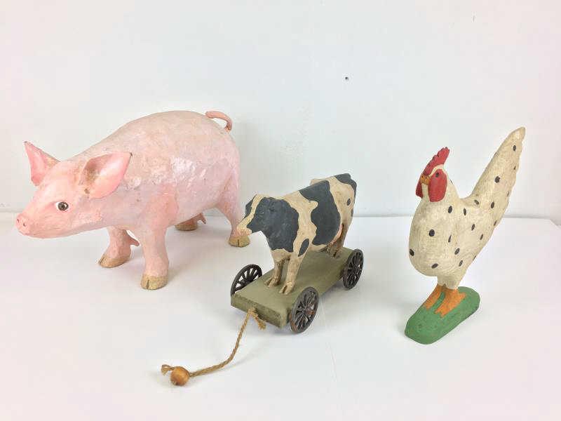 3 Folk Art Farm Animals: 3 Farm Animals - modern, Papier Mache Pig, pig signed Jean Schifl 4/87, - 16" x 9 1/2" , wooden pull Cow on Wagon - Spring House Collection 1988 - 8" x 9", wooden Rooster, signed C Kluck 90/0 - 10" x
