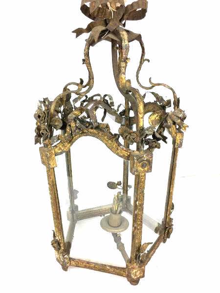 Decorative Floral Ceiling Light: Candlelight, ceiling fixture, 5 glass panels with decorative flowers, some missing, some bent, worn, 34" h
