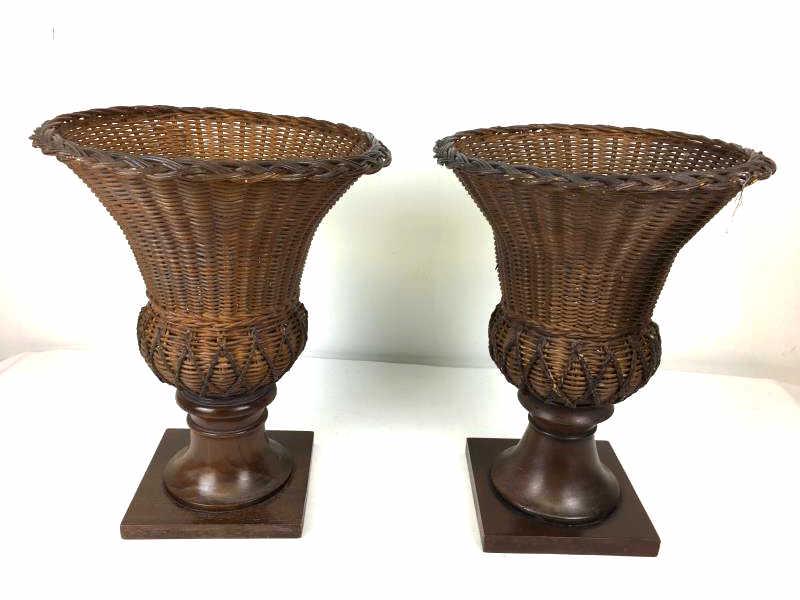 Pair of small Wicker Urns: Pair of Wicker Urns, on square wood base, small, 17 1/2" h with 12" opening x 8" base, label on bottom "Acacia Made in Indonesia," minor paint loss