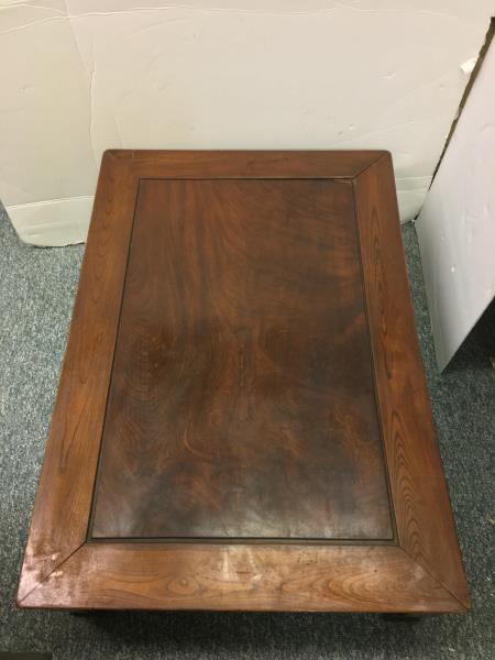 Rectangular low coffee table: Rectangular Low Table, wooden, cracked, moldy, worn, grained top, 41" x 28 1/2" x 13" h