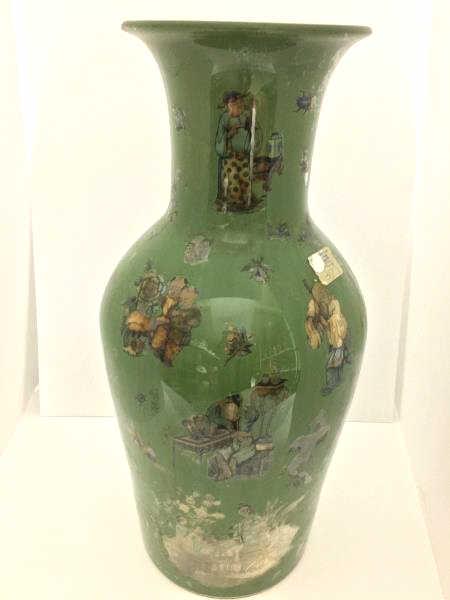 Green Glass Vase with decoupage: Large Green Glass Vase, painted scenes, paint loss, 20" h