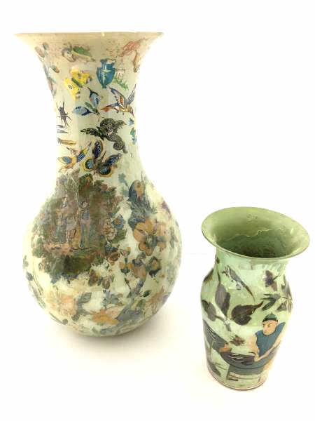 2 Glass Vases with Decoupage: 2 Vases, with figures, butterflies and insects, one large 14" h Vase, green glass, paint loss, and small glass 7 1/2" h vase, paint loss