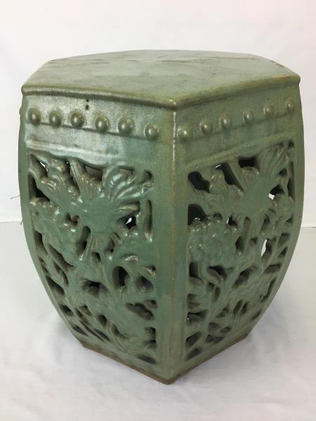 Hexagonal Painted Green Garden Seat: Garden Seat, green, hexagonal top, pierced floral sides, beaded top and lower edge, paint loss, craquelure throughout, 11" x 16" h