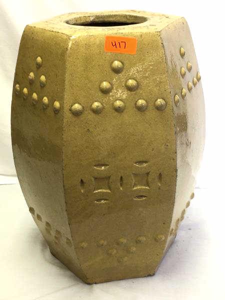 Tan glaze Chinese style garden seat: Chinese Hexagonal Vase/Garden seat, tan glaze, stoneware, 10" top with 6" opening, 20" h