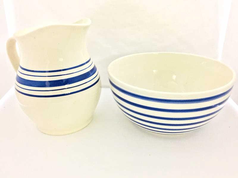 Bowl and Pitcher by Ralph Lauren: Bowl and Pitcher by Ralph Lauren, cream color with blue band, ironstone, stamped on bottom "Farm Stead Ticking", bowl is 11" and Pitcher is 10" h