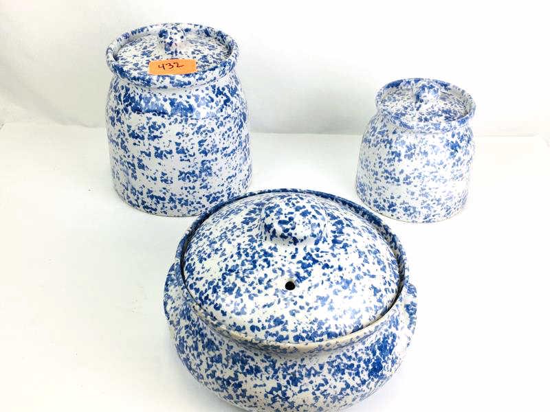 3 Pieces of modern Spode: 3 Pieces of Modern Spode covered pots, blue and white, incised BB on bottom, 7" b x 9" h, 5 1/2" x 7" h and 11" dia x 7" h, one double handled with stem holes