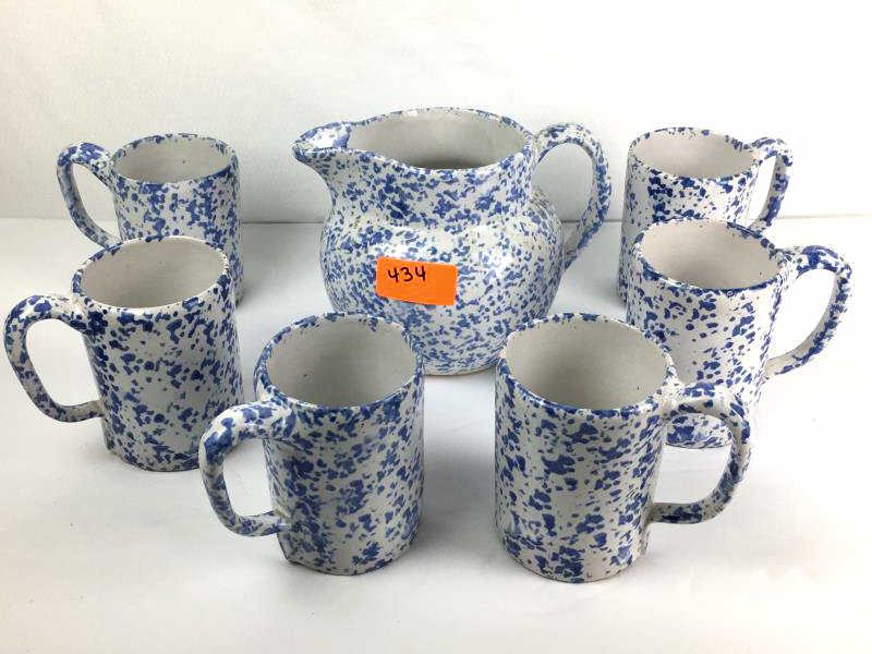 Modern Spode Style Water Set: Lot of Modern Spode Style Water Set, pitcher and 6 mugs, blue and white, incised BB on bottom, 6 1/4" h pitcher and mugs are 4 3/4" h