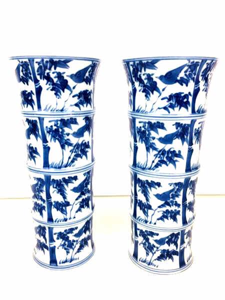 2 Mottahedeh VA Vista alegre Portugal Vases: 2 Mottahedeh Vases, blue and white, bamboo dÃ©cor, stamped on base "Mottahedeh VA Vista alegre Portugal, 8 1/2" h
