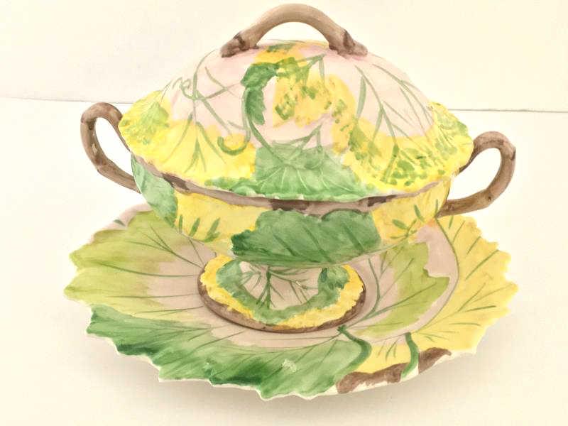 Mottahedeh Leaf sauce tureen: Mottahedeh Leaf Sauce Tureen and Stand, "Mottahedeh Italy", green, pink, brown and yellow china, 8 3/4" x 5" x 7 1/2" h , 7" x 10" underplate