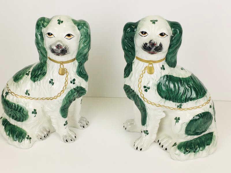 2 Chelsea House Staffordshire Spaniel Dogs: 2 Spaniel Dogs, Staffordshire, green and white with painted collar, lock and chain, one paint loss on ear, Chelsea House Port Royal, 10" h