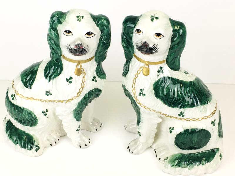 2 Chelsea House Staffordshire Spaniel Dogs: 2 Spaniel Dogs, Staffordshire, green and white with painted collar, lock and chain, Chelsea House Port Royal, 10" h