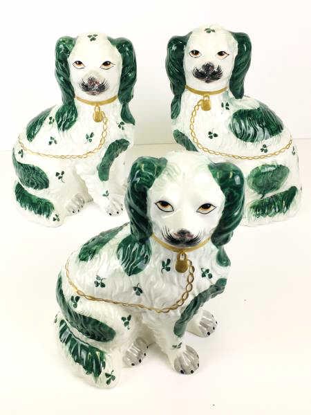 3 Chelsea House Staffordshire Spaniel Dogs: 3 Spaniel Dogs, Staffordshire, green and white with painted collar, lock and chain, Chelsea House Port Royal, 10" h