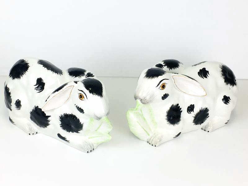 2 Mottahedeh Rabbit Statues: 2 Mottahedeh Rabbits with leaves, ceramic, one has crack from ear to back foot, crack on base, label "A Mottahedeh design, Italy S.6160, 5 1/2" h x 11" l x 4" w