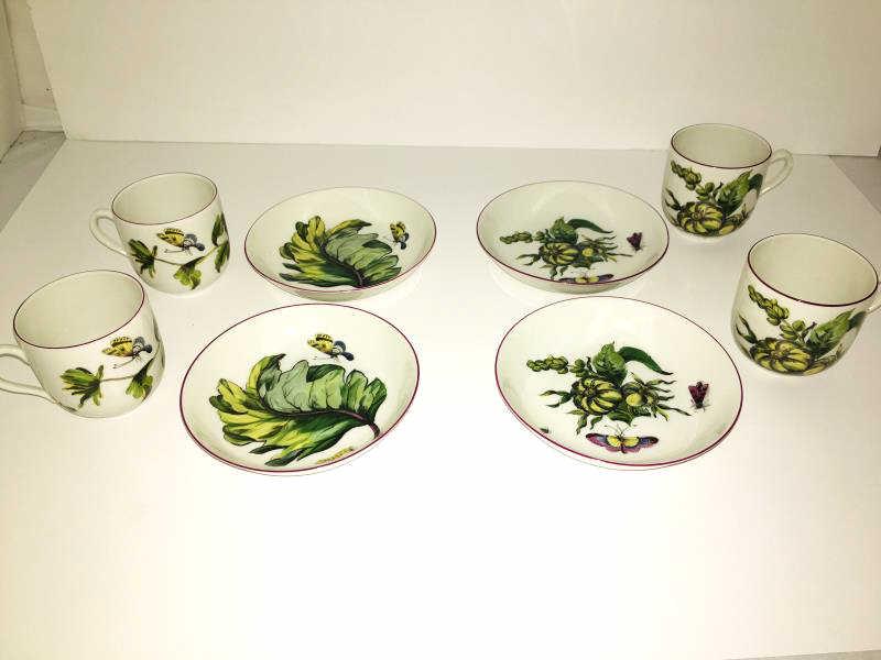 Mottahedeh cups and saucers: 8 Pieces - 4 Mottahedeh 3" cups and 4 Mottahedeh 5 1/2" dia Sauce Dishes, Metropolitan Museum of Art, floral and butterfly, Vista Alegra Portugal