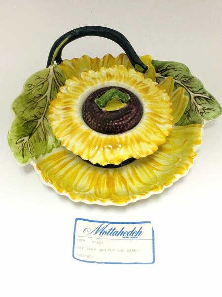 Mottahedeh Sunflower Jam Pot: Mottahedeh Sunflower Jam Pot and Stand, item 85609, stamped Made in England, 8" dia x 5" h