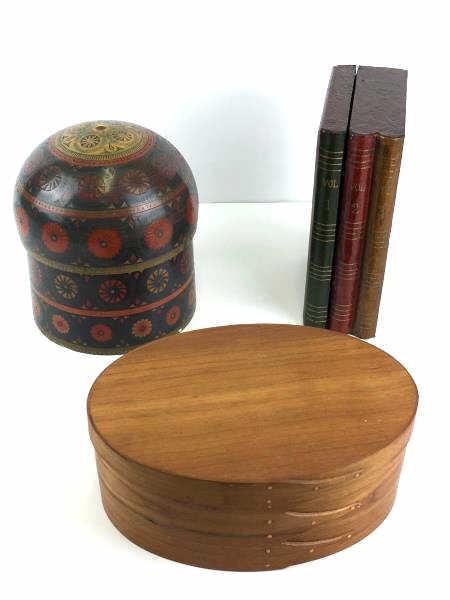 Lot of 3 Wooden items: Lot of 3 - new wooden Shaker style box stamped on bottom "Orleans Carpenters, MA" - 8 1/2" x 6" x 3 1/2" h; wooden Russian style Container, missing finial, geometric design, 7" h and lift top faux boo