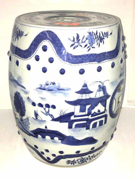 Mottahedeh Scenic Garden Seat: Mottahedeh Scenic Garden Seat, ceramic, stamped on bottom "Mottahedeh", blue and white, made in China label, 9 1/2" d x 14 1/2" h