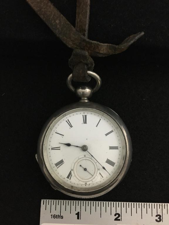 Pocket Watch, coin silver: engraved and etched on back case, roman numerals, second hand, no key, scrolled on inside dial America, Springfield Ill, serial # 150236, stamped on inside case, "Warranted Silver Coin" with 10" l. le