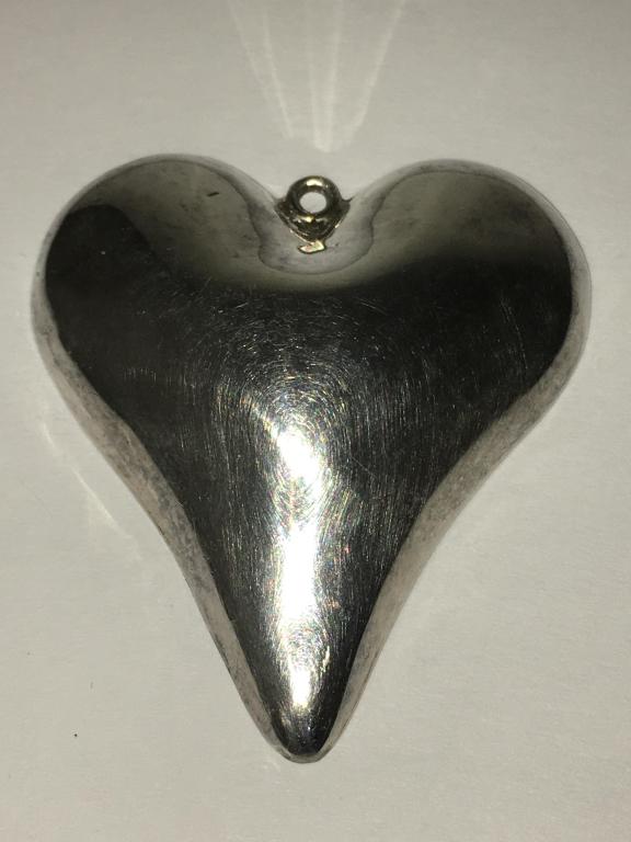 Heart Pendant, .925 TL-33, Mexico: tested sterling, hollow, 2" x 1 3/4" normal wear and scratches, 19.2 gms