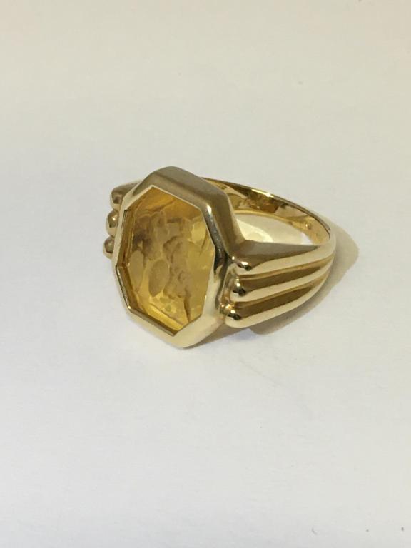 14K YG Venetian Cameo Ring: made in Italy by Tagliamonte Vicenza, octagonal, stone measures 14.6 x 12 mm, woman sitting side saddle on horse, size 8.5, good condition