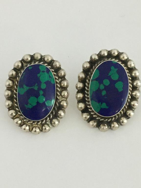 Pair of Sterling Earrings: Azurite and Malachite, Mexico 925 TV-11, beaded frame, bezel set 12 x 18 mm oval stone, normal wear and scratches
