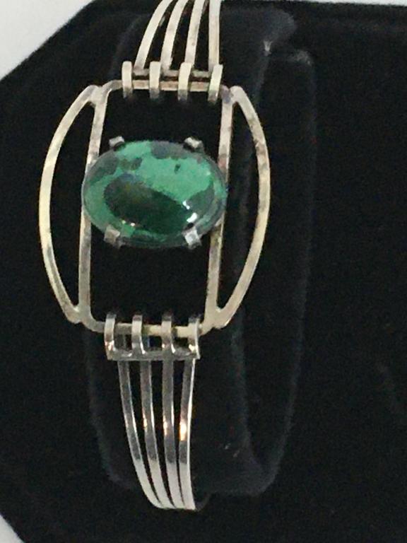 Azurite with Malachite Bracelet: tested sterling, marked 925, spring closure, open work around stone, 4 thin bands merged into one, 7"