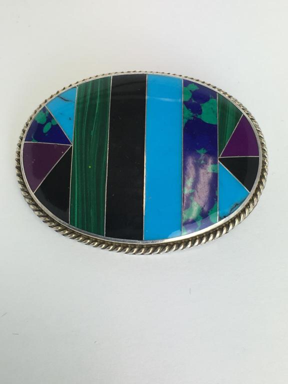 Sterling Pin/Pendant: bands of malachite, onyx, turquoise, azurite, bezel set, marked Mexico 925 CII, 42 mm x 31 mm, locking clasp, tested sterling, overall size is 1 5/8 x 1 3/8" mild wear and age