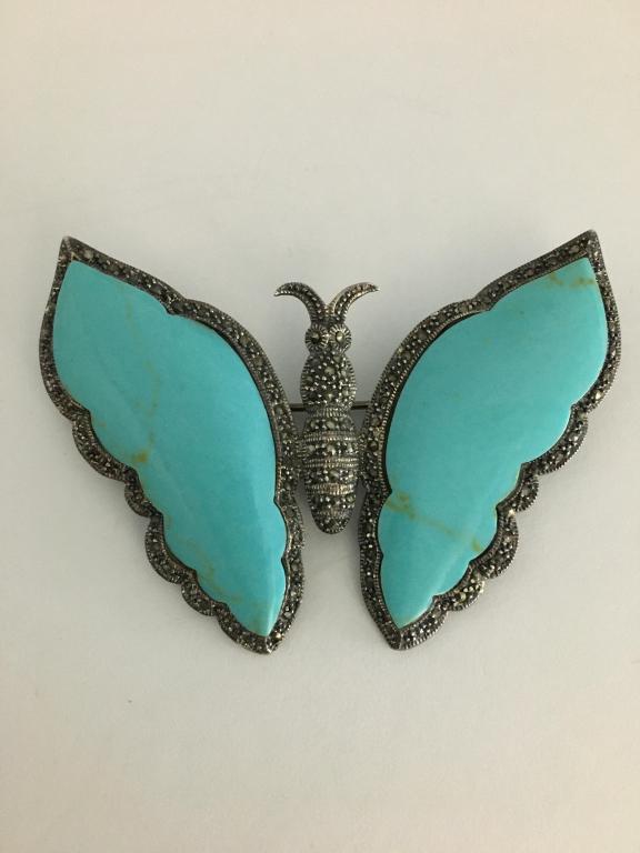 Turquoise & Marcasite Butterfly Pin: bezel set, 925 mark, tested sterling, locking clasp is loose, pin measures 2 1/2" x 3"
