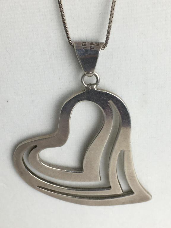 TM Heart Pendant on Chain: on clasp TM-107 Mexico, heart measures, 2" x 2", tested sterling, 30" box chain, 21.1 g