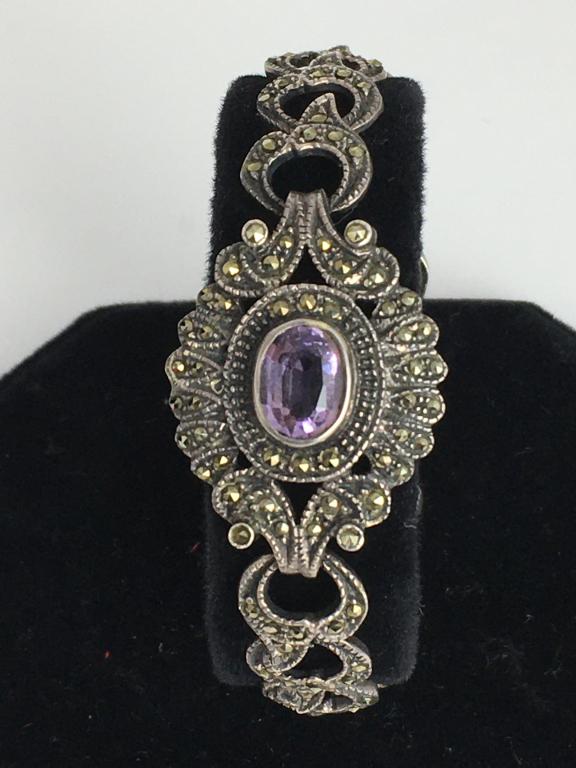 Marcasite & Purple Stone Bracelet: marked 925 PT, 7 1/4" l