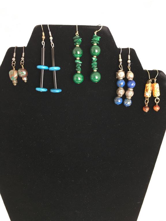 5 Pairs Earrings: 1 3/4" l malachite drop ball earrings, 1 1/2" llapis drop ball earrings, 1 3/4" l plastic dangle black and blue, 2 misc. 1" and 1/2" l