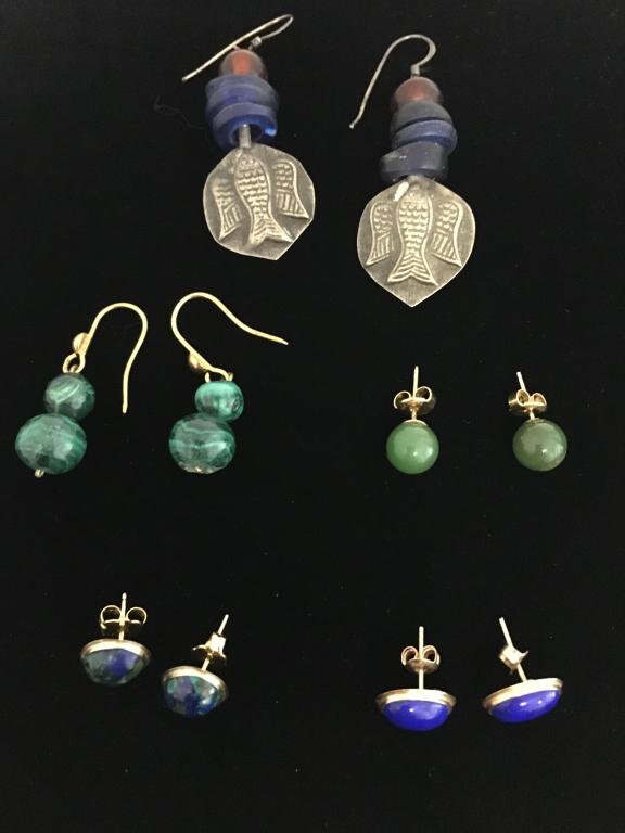 5 Pairs Earrings: 1 14KT azurite with malachite post and nut, 1 pair of post and nut jade ball, 1 14K lapis oval earrings post and nut, 1 bird drop, 1 malachite 2 ball drop