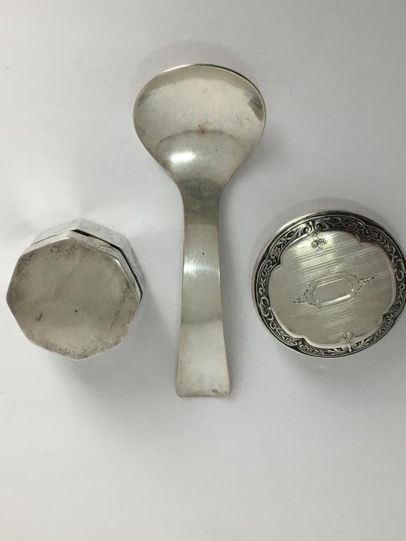 3 Miscellaneous Pieces of Sterling: 1 spoon marked Allan Adler sterling, 5 1/4" l and 1 octagonal box marked 925 Mexico, hinged lid measures 1.75" x 1" and 1 cover to a powder jar RW & eagle Sterling 750-4, 2 1/2" dia x .5" h pitting an