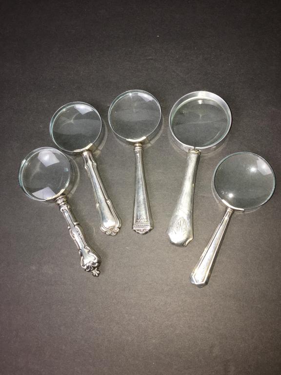 5 Magnifying Glasses, sterling handles: 2 are engraved, 5 5 1/2" l x 2 - 2 1/4" dia glass good